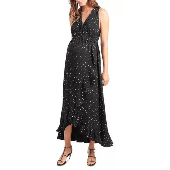 Ingrid & Isabel Maternity Racerback Ruffle Maxi Dress Black White Polka Dots XL - Picture 1 of 10